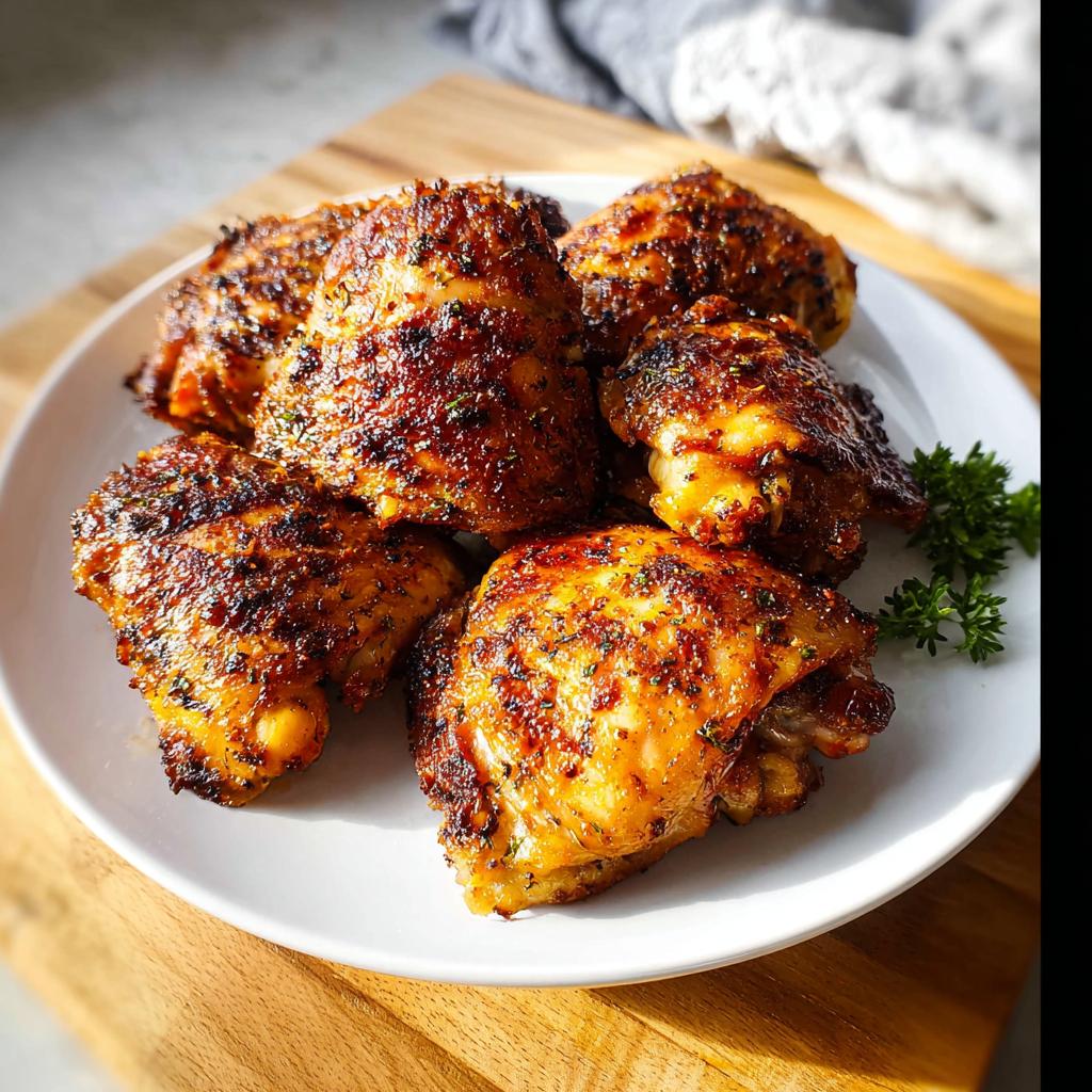 A plate of perfectly baked chicken thigh recipes, seasoned and garnished with parsley.
