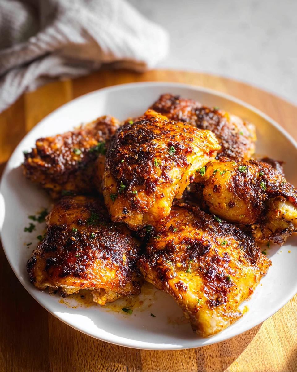 A plate of perfectly baked chicken thigh recipes, seasoned and garnished with parsley.