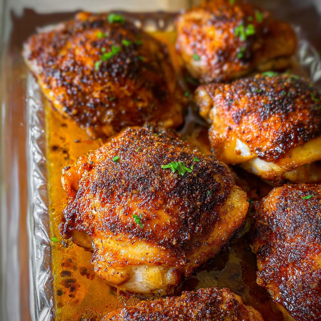 Close-up of perfectly baked chicken thigh recipes with crispy skin and seasoned with herbs.