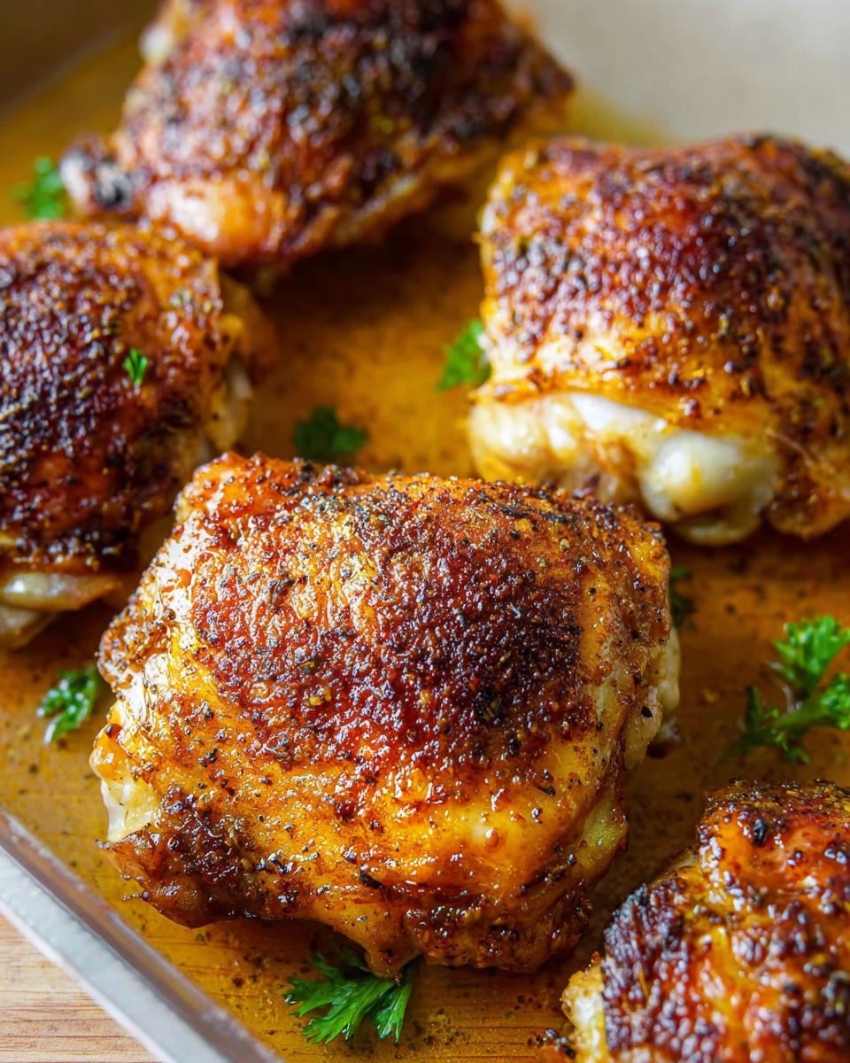 Close-up of perfectly baked chicken thighs with crispy skin, seasoned and garnished with parsley.