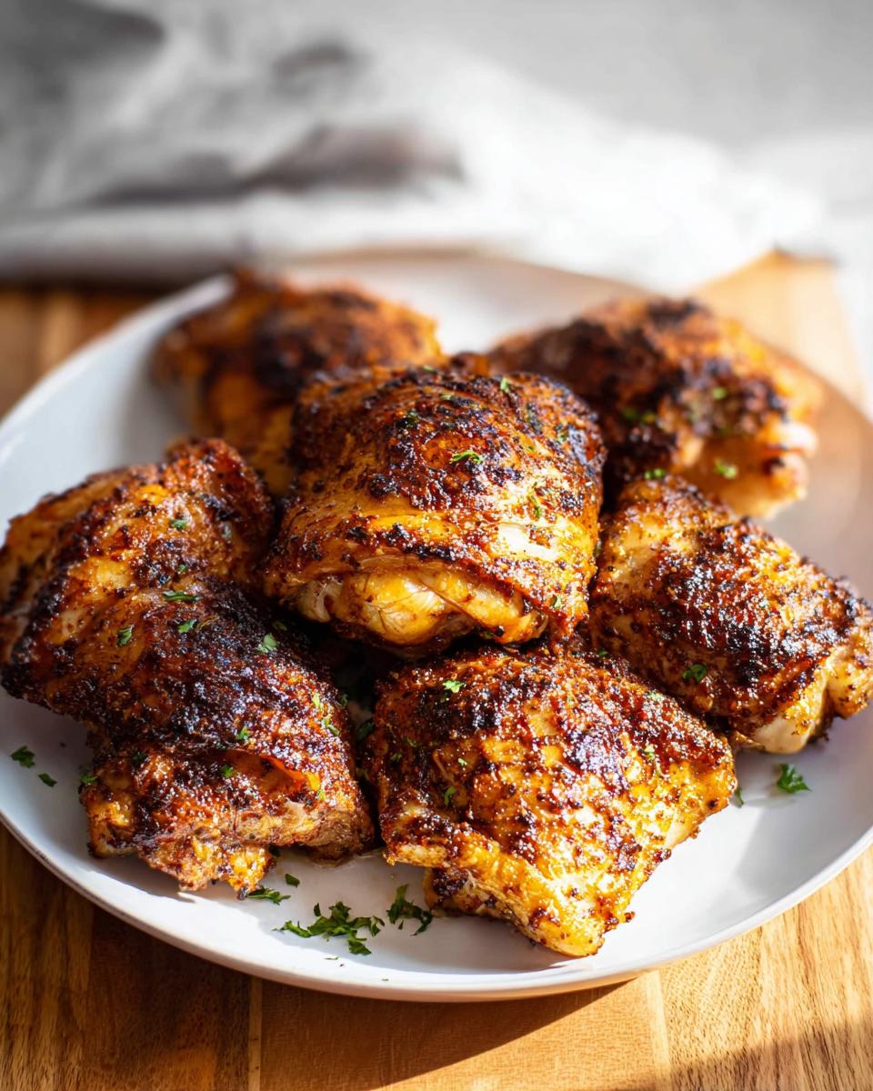 A plate of perfectly baked chicken thighs, seasoned and garnished with parsley, part of the best chicken thigh recipes.
