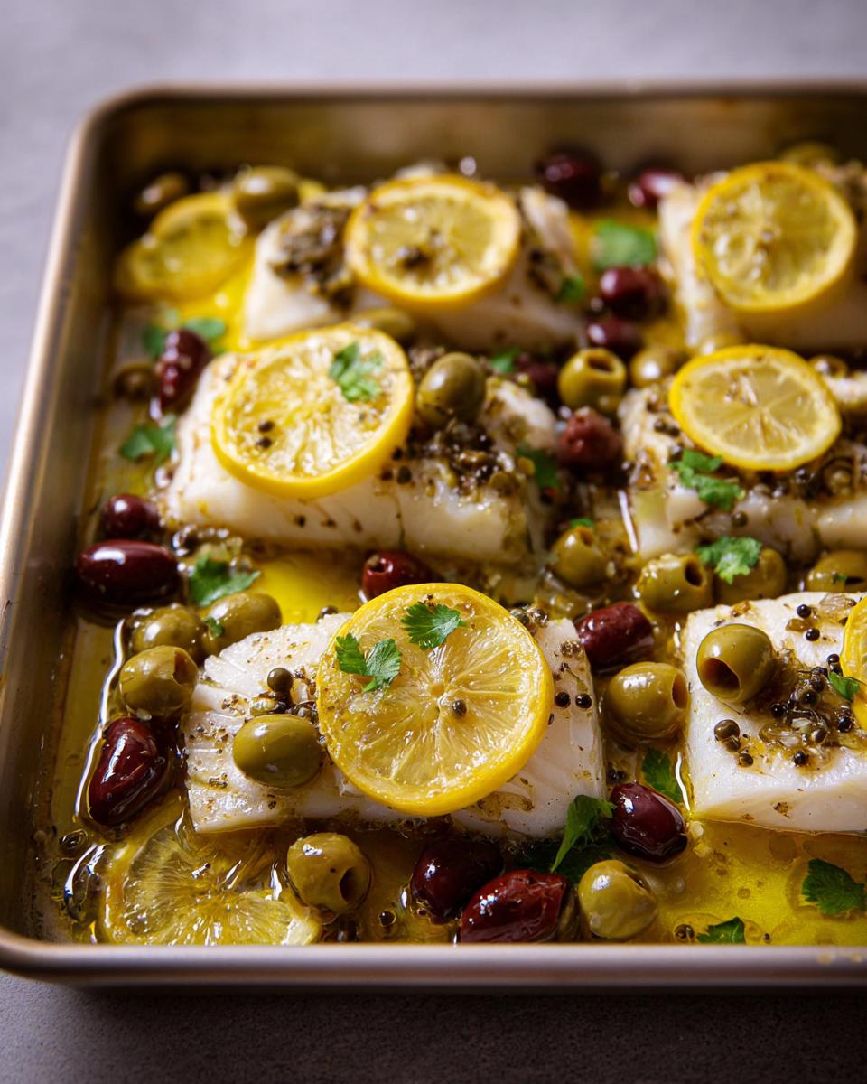 Close-up of baked cod fillets topped with lemon slices, olives, and herbs in a baking dish.
