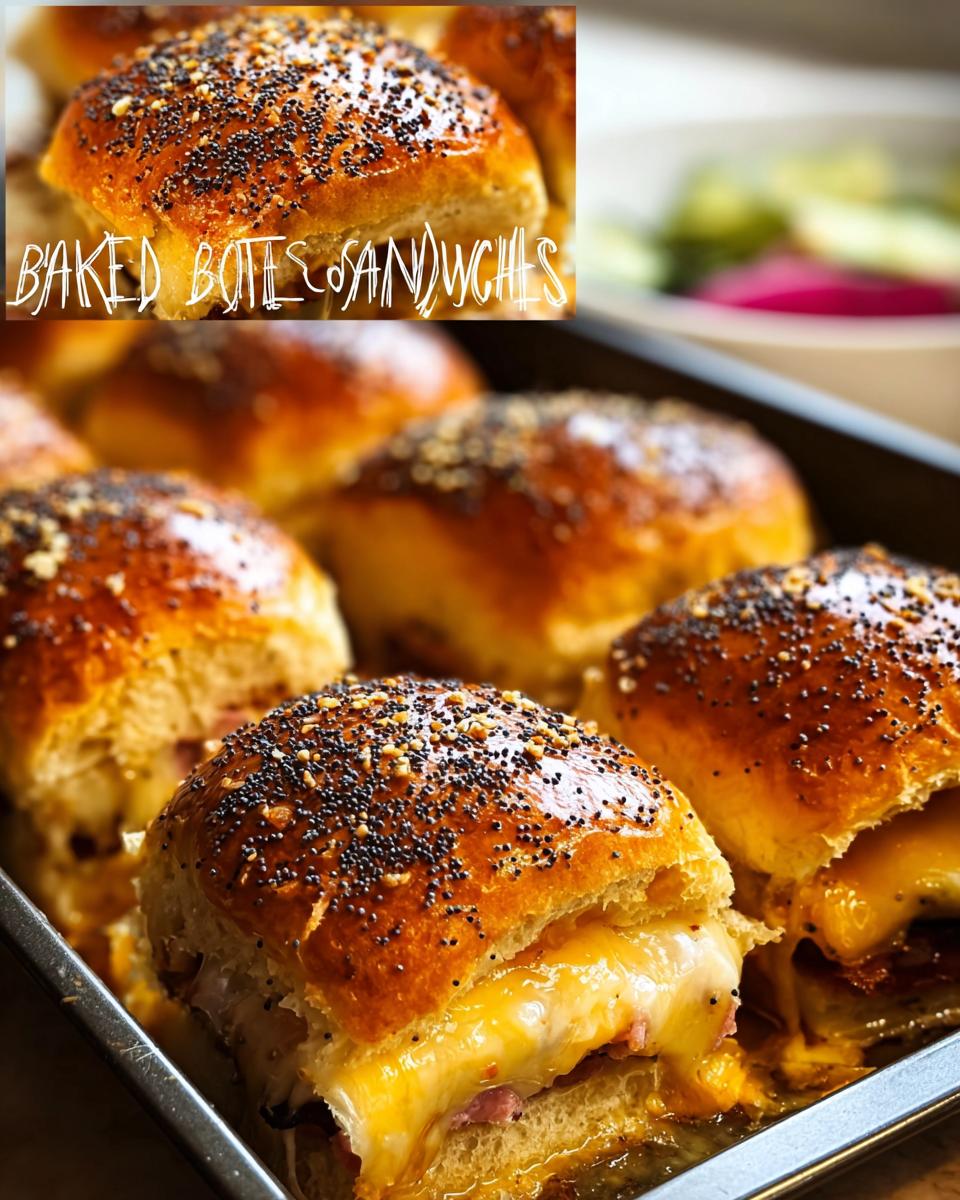 Close-up of baked ham and cheese slider sandwiches with poppy seeds, a perfect sandwich idea.