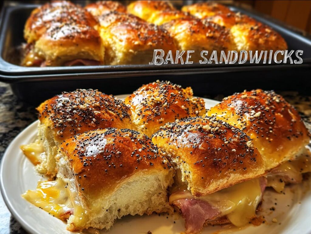Close-up of baked ham and cheese sandwich ideas with poppy seeds and everything bagel seasoning.