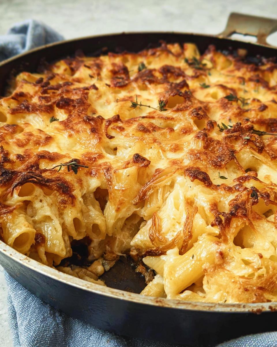 Close-up of a baked pasta dish in a skillet, featuring rigatoni pasta covered in melted, golden-brown cheese and herbs.