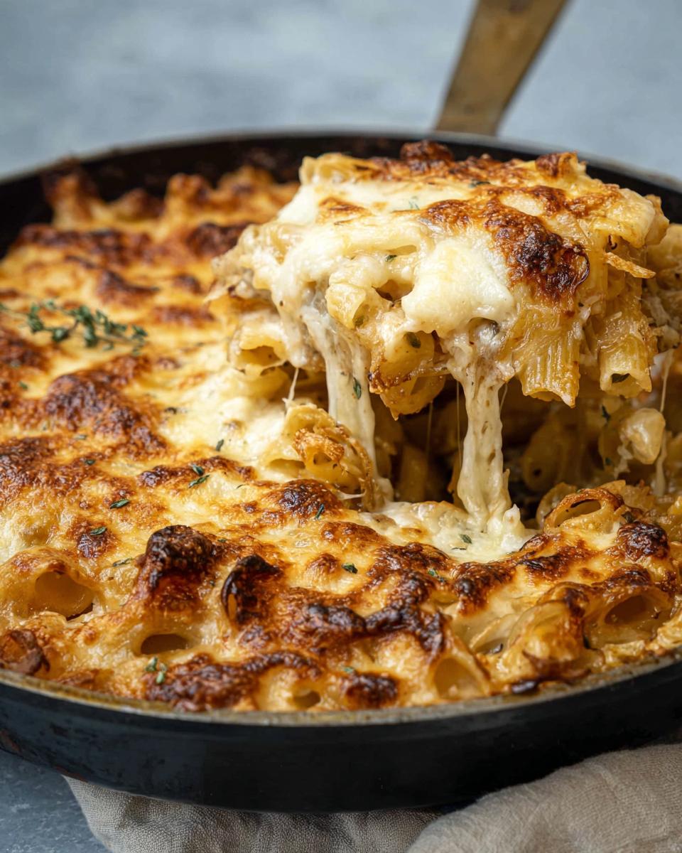 A serving spoon lifts a generous portion of cheesy baked pasta from a skillet, revealing gooey melted cheese and a golden-brown crust.