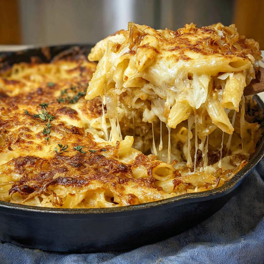 A serving spoon lifts a portion of cheesy baked penne pasta from a cast iron skillet, showcasing melted cheese strings. This is a great pasta recipe.