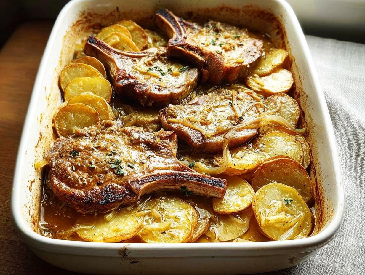 Close-up of baked pork chops with sliced potatoes in a casserole dish, featuring a rich sauce and herbs.