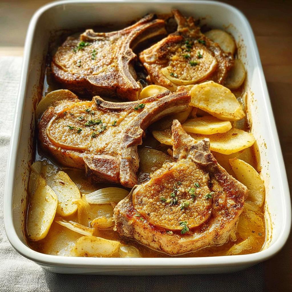 Three bone-in pork chops baked with sliced potatoes and onions in a white casserole dish.