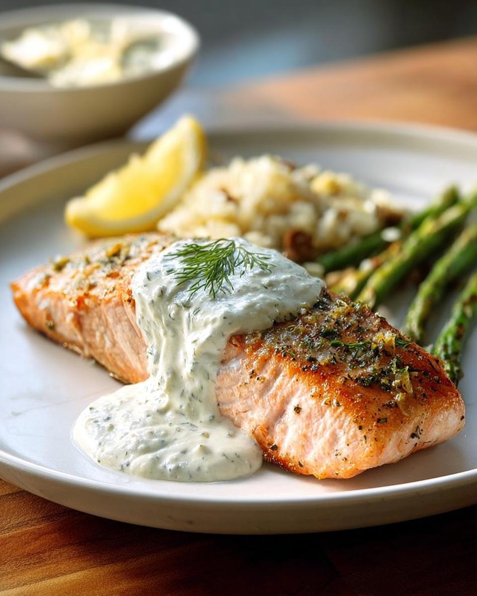 A perfectly baked salmon fillet topped with creamy dill sauce, served with asparagus and lemon.