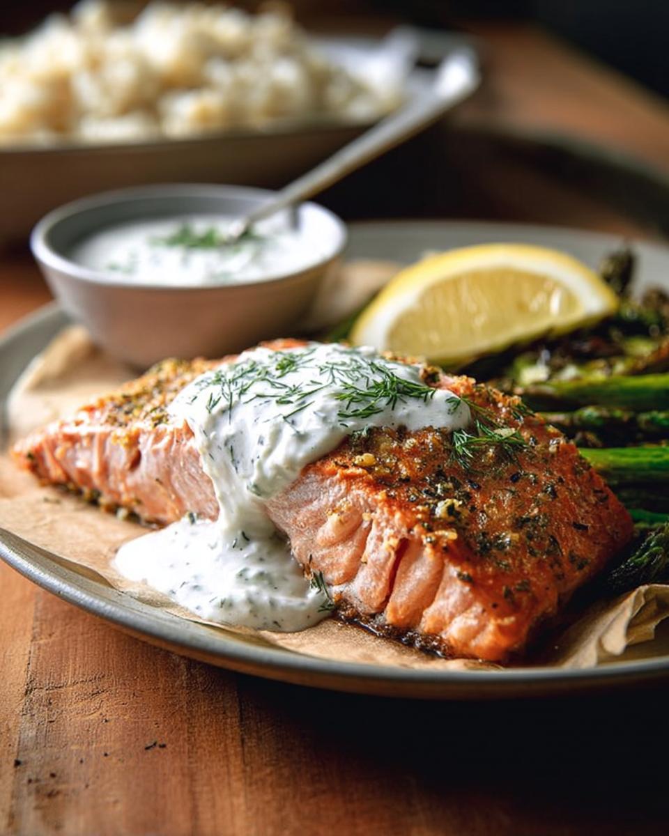 A perfectly baked salmon fillet topped with creamy dill sauce and fresh dill, served with asparagus and a lemon wedge.