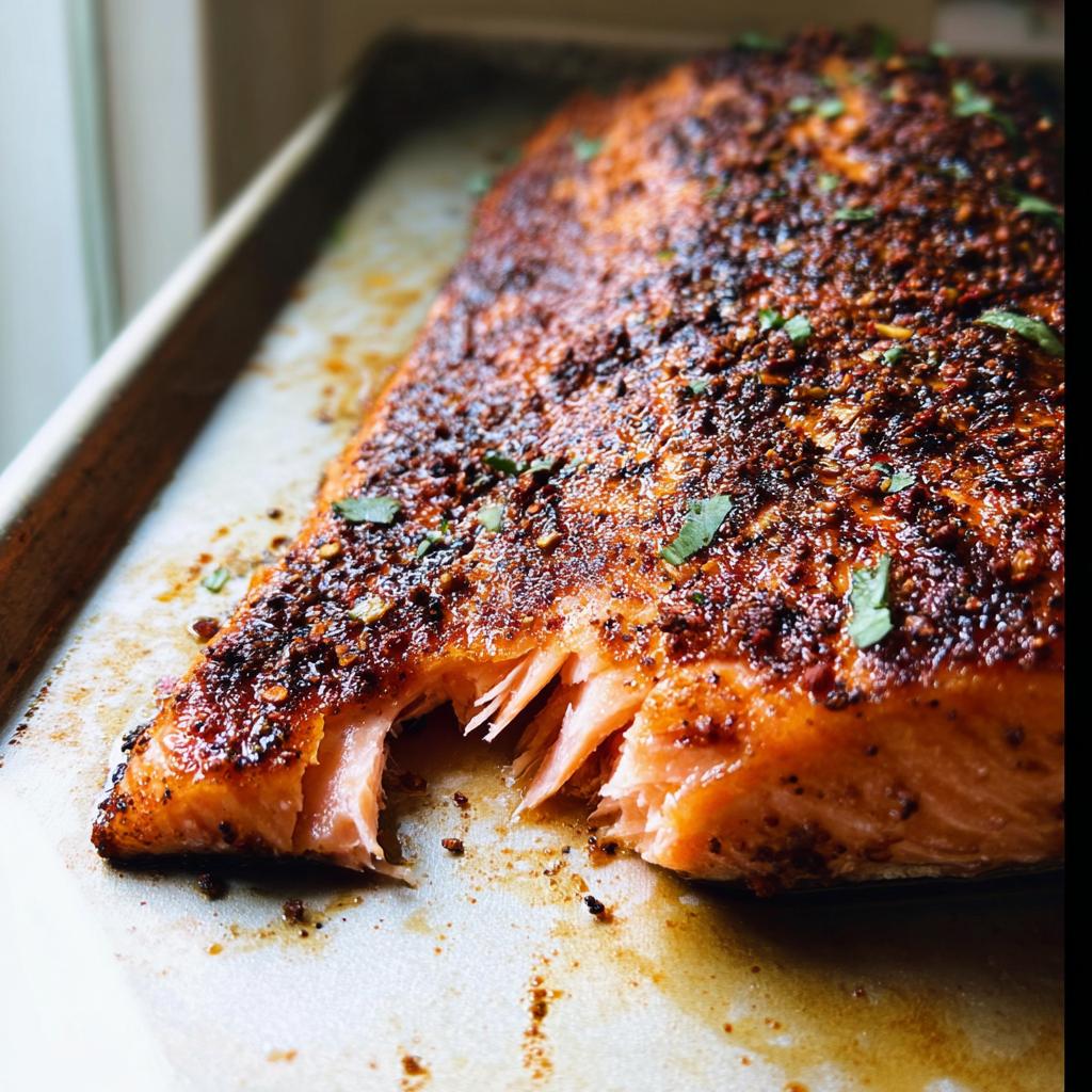 Close-up of a perfectly baked salmon fillet with a crispy crust, seasoned and garnished with herbs, ready to be served.