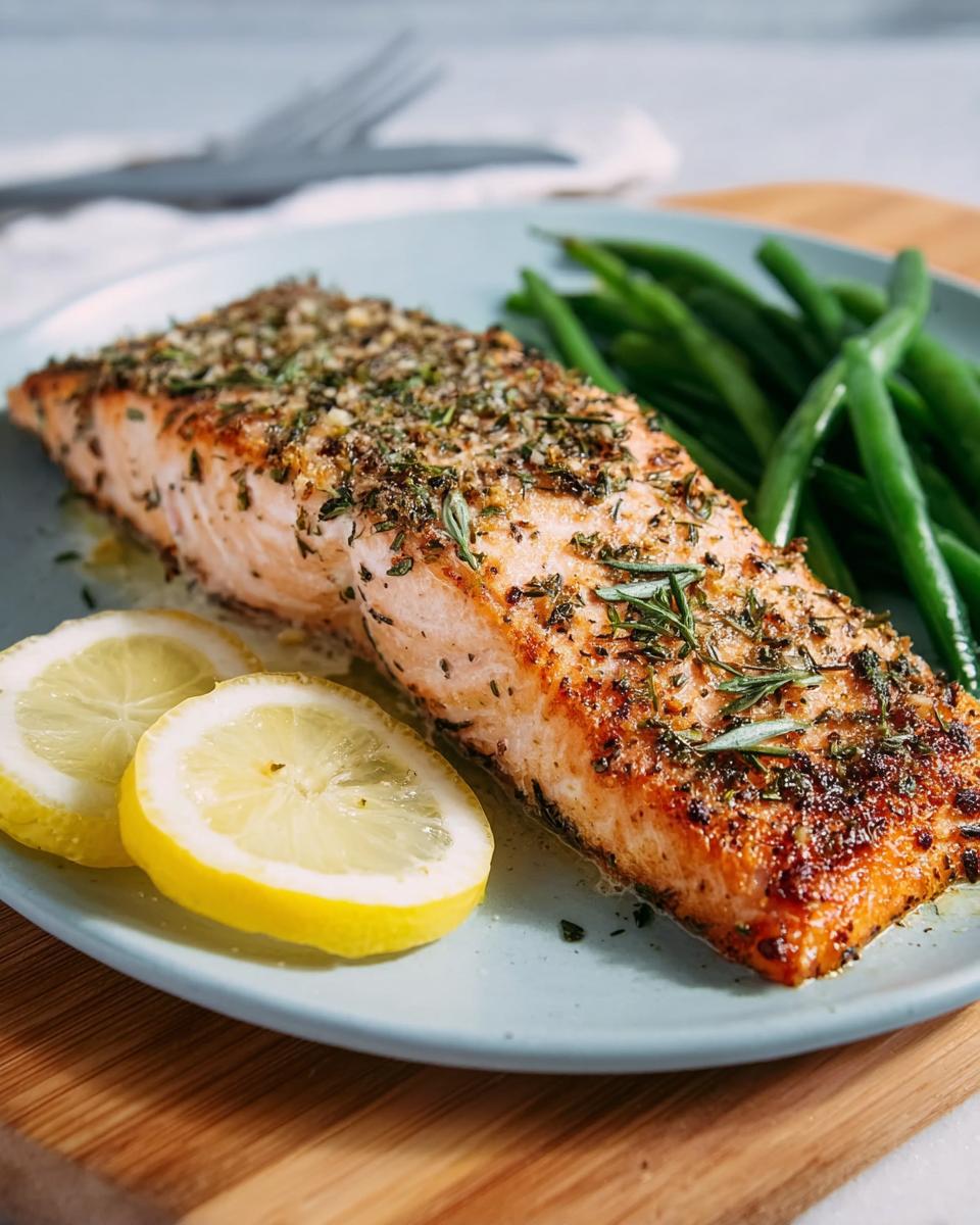A perfectly baked salmon fillet with herbs and spices, served with green beans and lemon slices. A top salmon recipe.