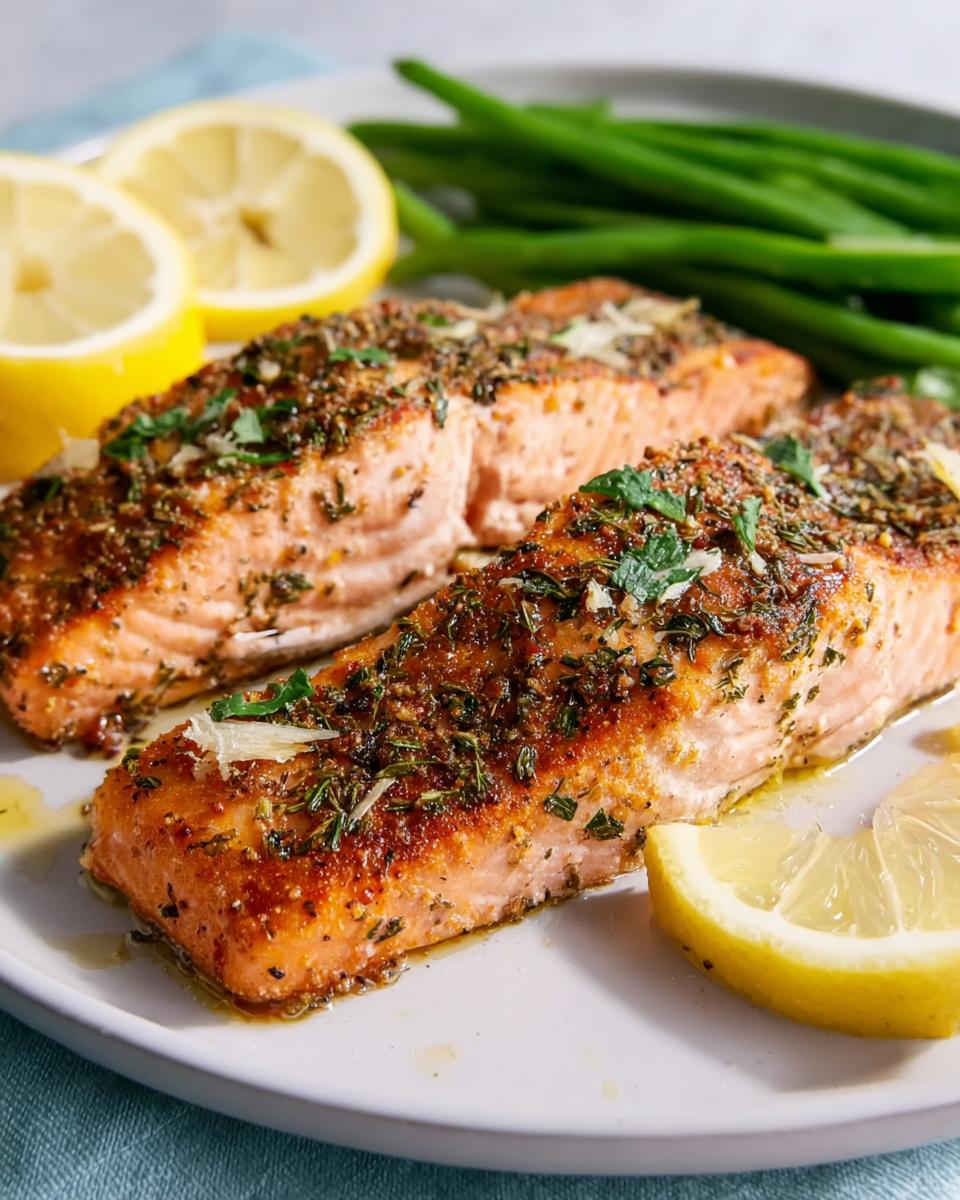 Close-up of two baked salmon fillets seasoned with herbs and lemon, served with green beans.