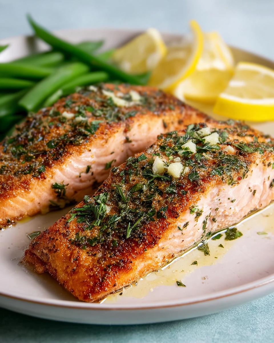 Two perfectly baked salmon fillets seasoned with herbs and garlic, served with green beans and lemon slices.