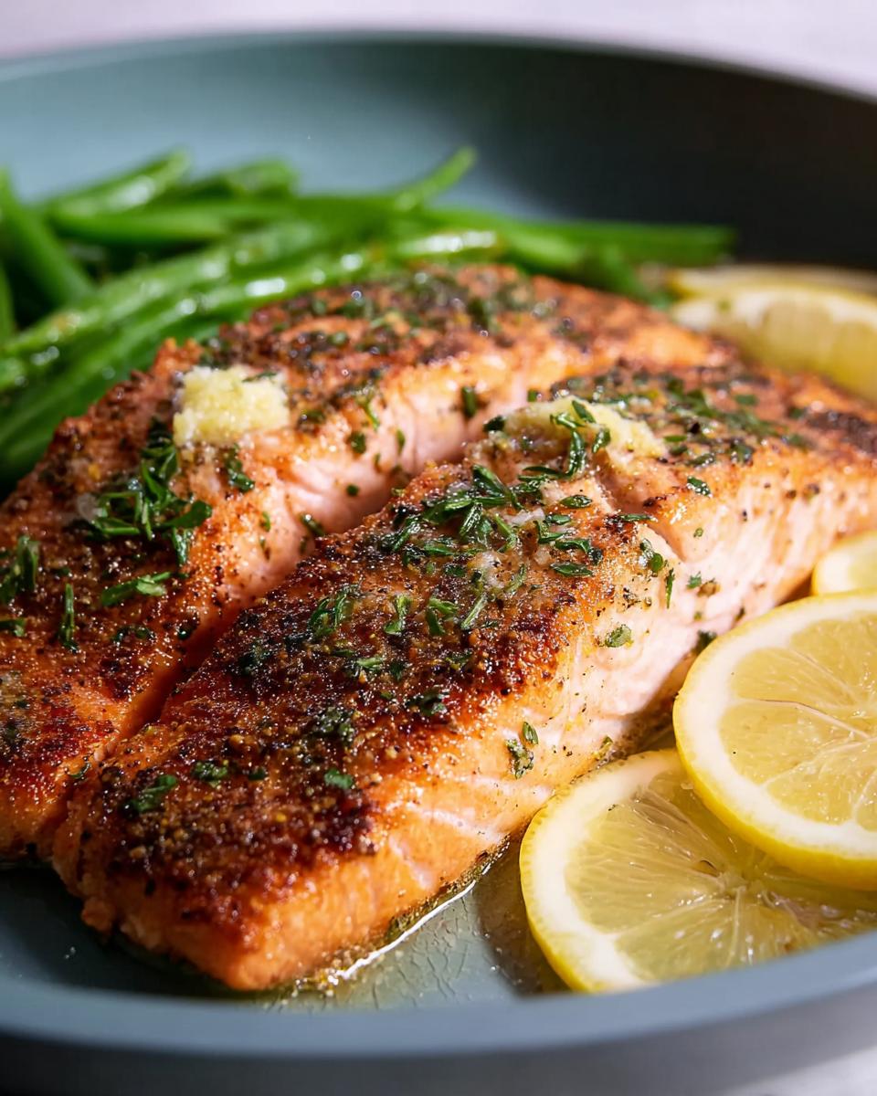Close-up of two perfectly baked salmon fillets seasoned with herbs and lemon, served with green beans.