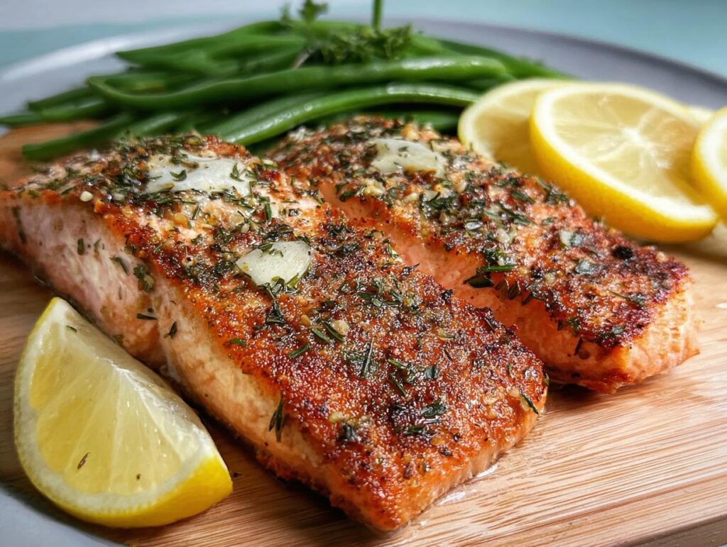 Two perfectly baked salmon fillets seasoned with herbs and garlic, served with lemon slices and green beans.