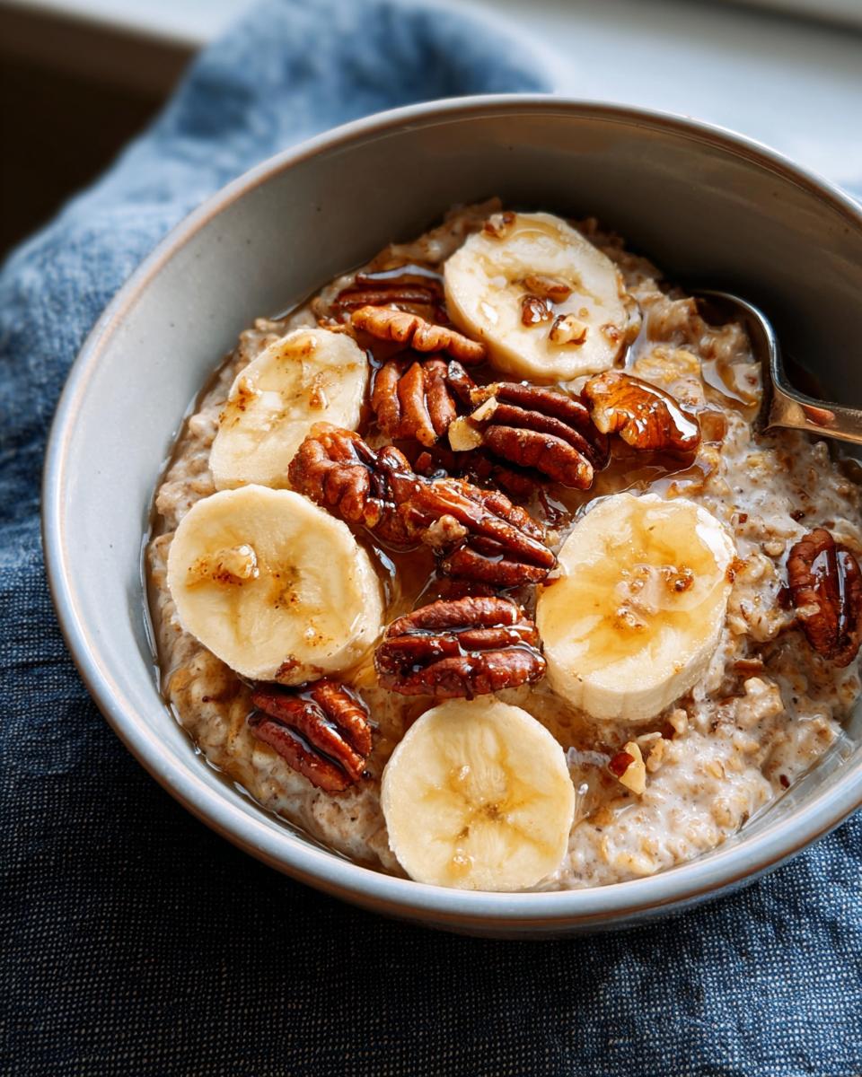 A bowl of oatmeal topped with banana slices, pecans, and drizzled with honey, perfect for one of our 12 Genius Breakfast Ideas.