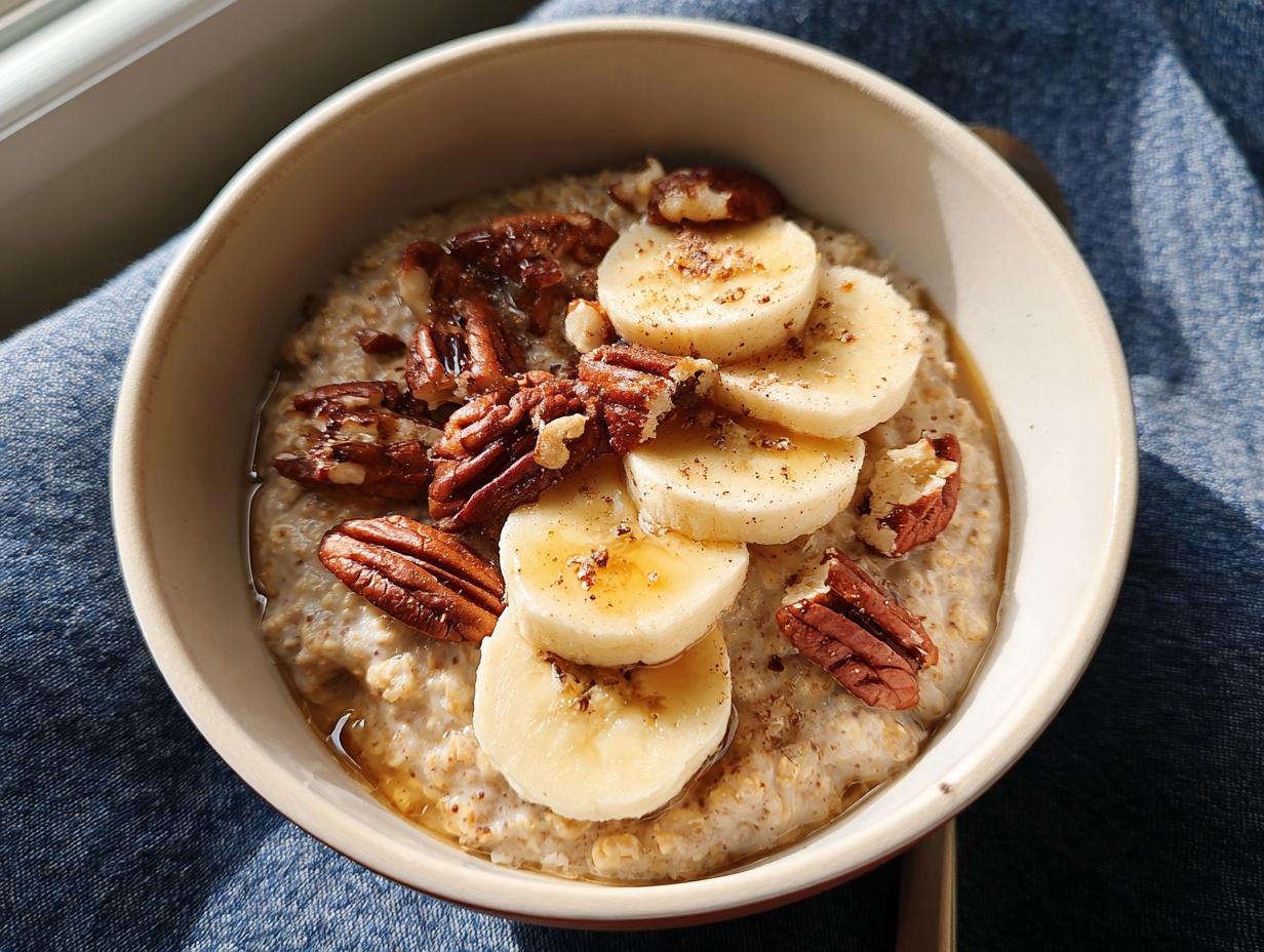 A bowl of oatmeal topped with banana slices, pecans, and drizzled with honey, perfect for busy weeknight breakfasts.