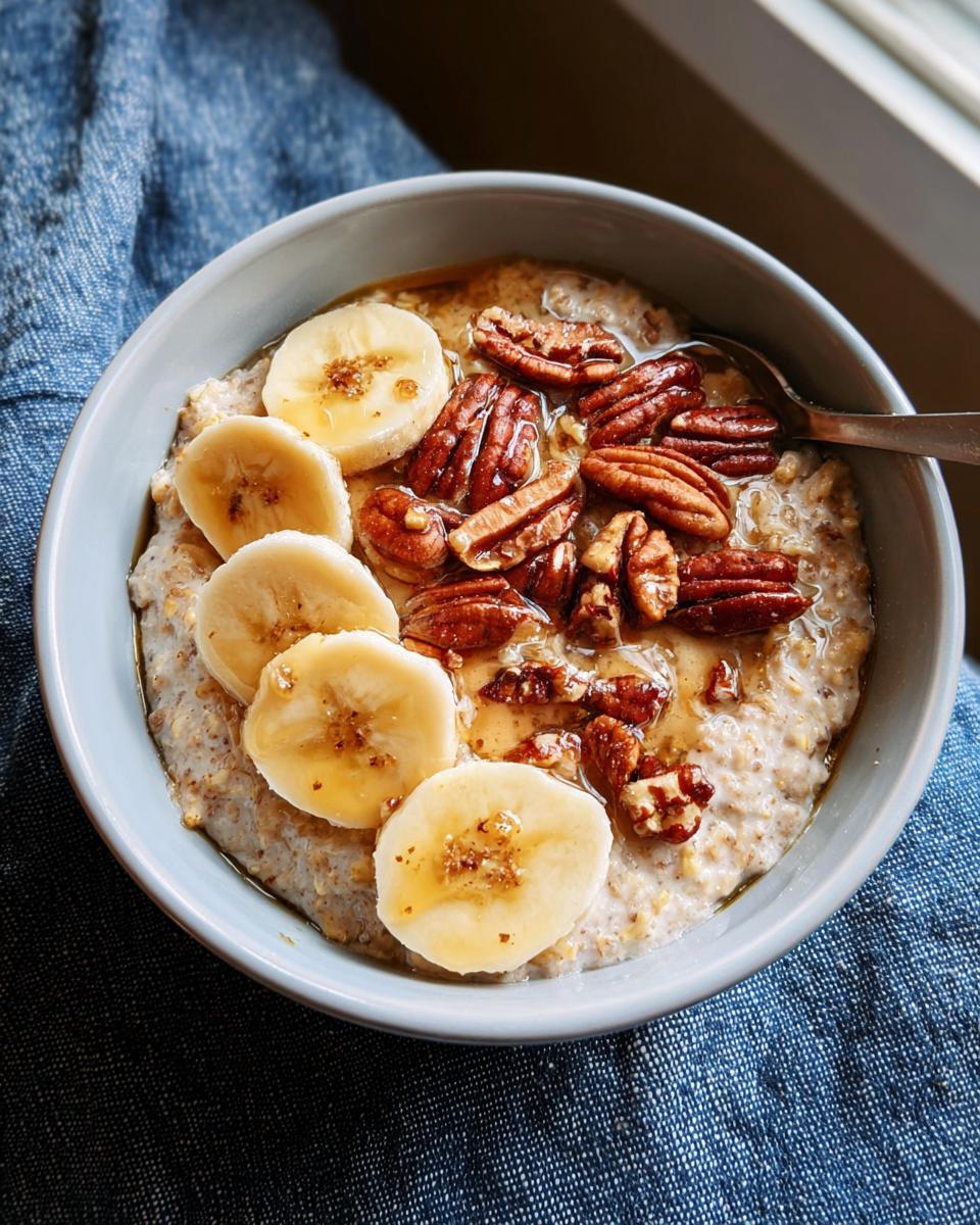 A bowl of oatmeal topped with banana slices, pecans, and drizzled with honey. A perfect example of 12 Genius Breakfast Ideas.