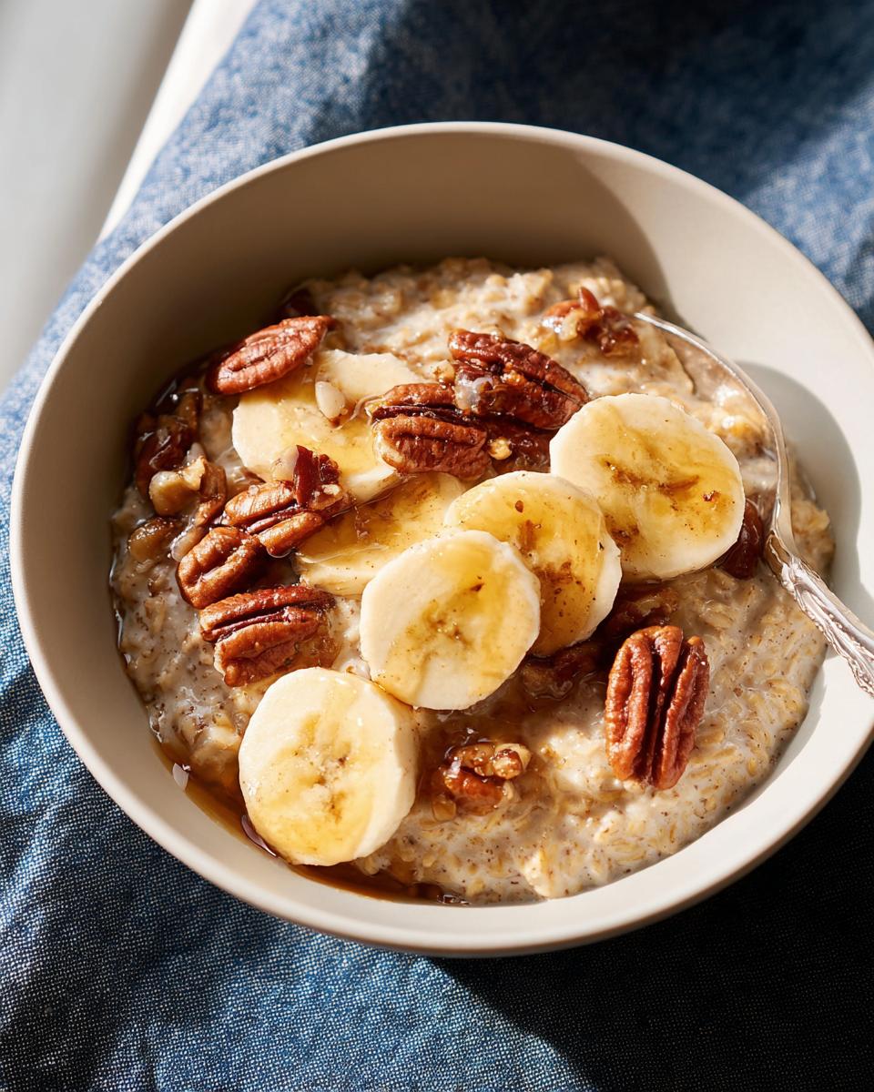 A bowl of oatmeal topped with sliced bananas, pecans, and drizzled with syrup, showcasing one of the 12 Genius Breakfast Ideas Recipes.