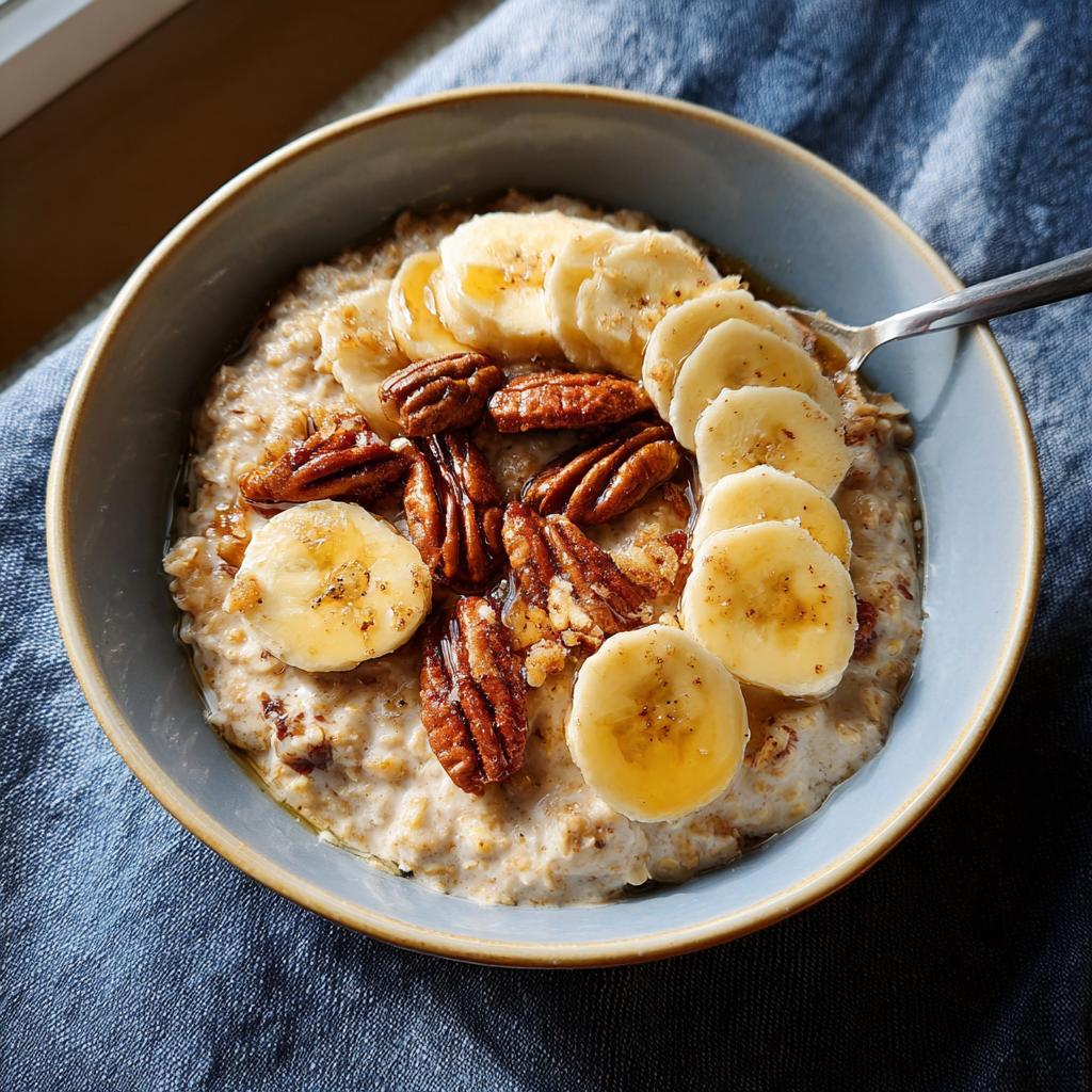 A bowl of oatmeal topped with sliced bananas, pecans, and a drizzle of honey, perfect for quick breakfast ideas.
