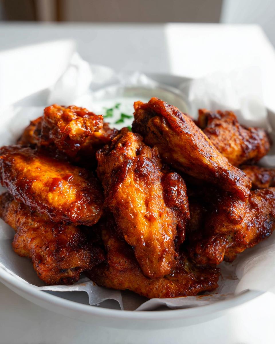Close-up of a bowl filled with glossy, BBQ-glazed chicken wings, served with a side of dipping sauce.
