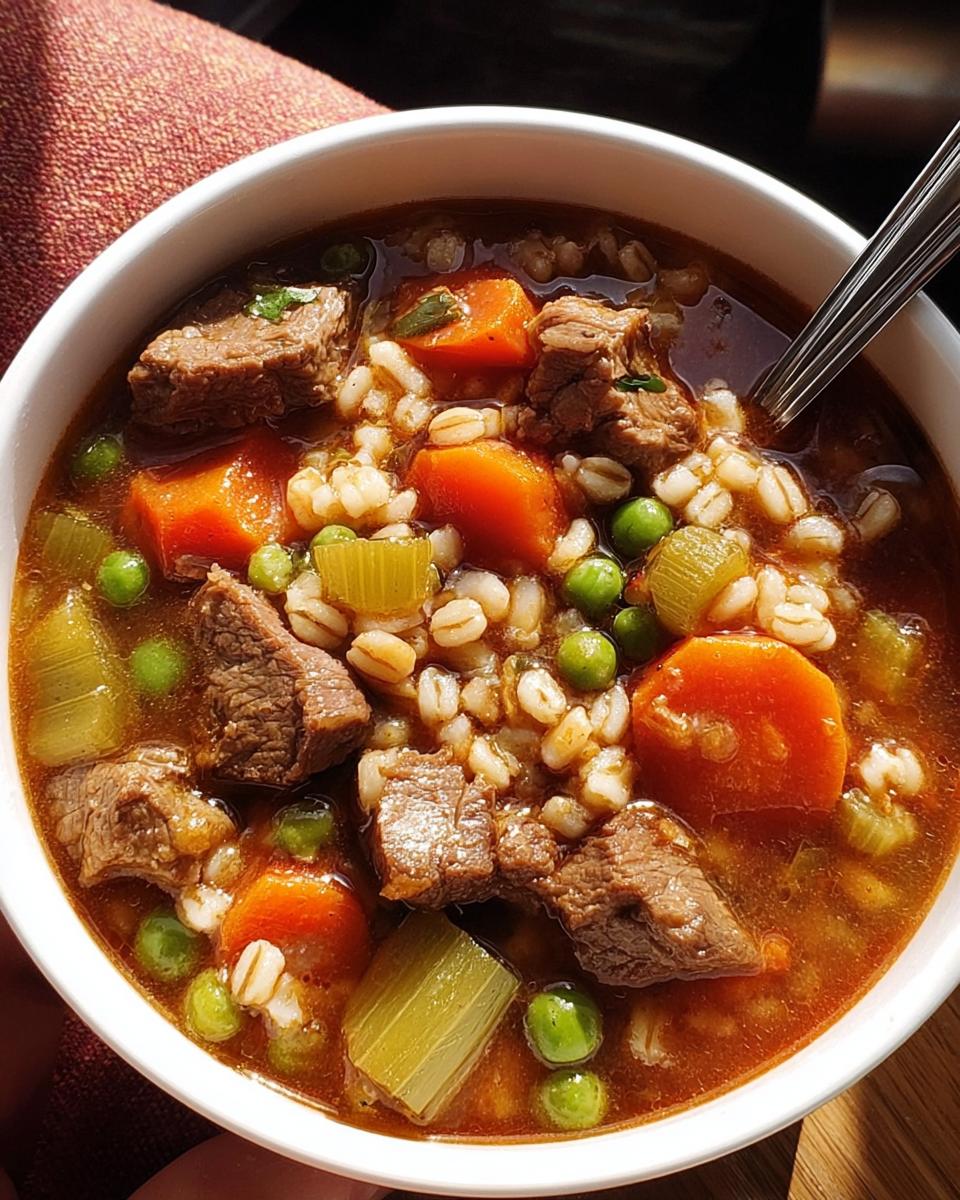 A close-up of a bowl of hearty beef barley soup, packed with tender beef chunks, carrots, peas, and barley.
