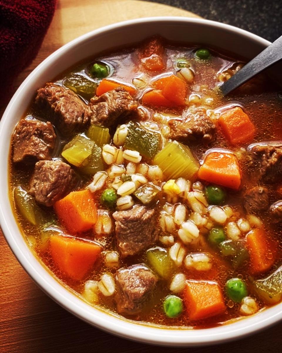 Close-up of a bowl of hearty beef and barley soup, packed with tender beef, carrots, celery, and peas.
