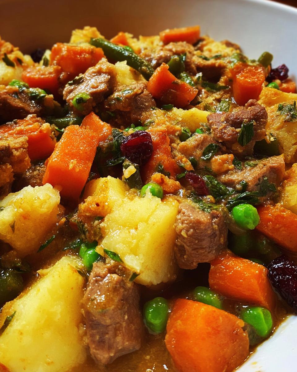 A close-up of a hearty beef stew with chunks of beef, potatoes, carrots, peas, and cranberries.