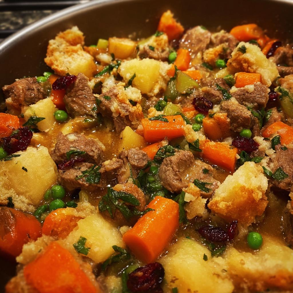 Close-up of a hearty beef stew with chunks of beef, carrots, potatoes, peas, and pieces of stuffing.