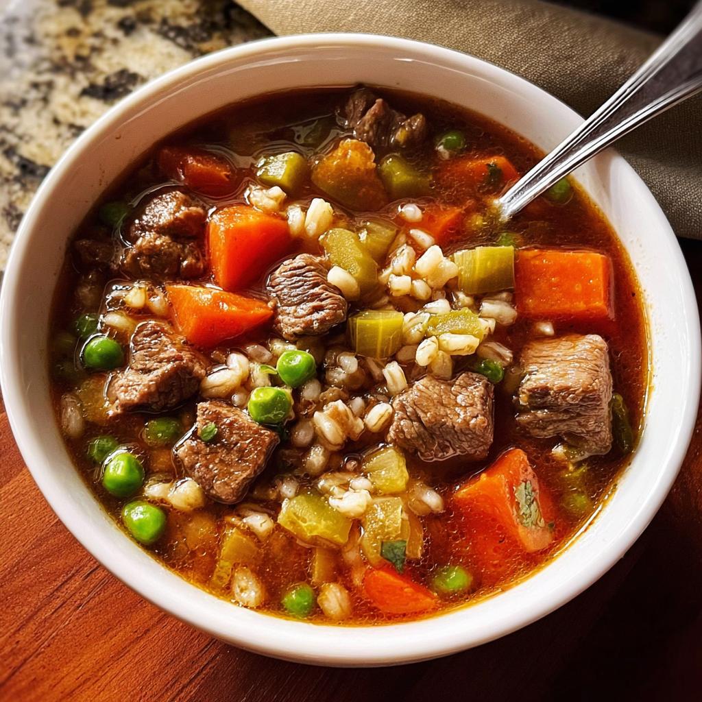 A close-up of a bowl of hearty beef and vegetable soup, featuring tender beef chunks, carrots, peas, celery, and barley. Perfect for soup recipes meal prep.