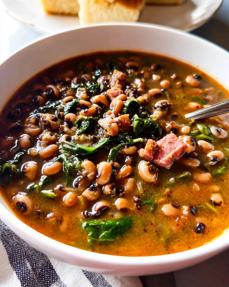 A close-up of a hearty bowl of black eyed peas soup with ham and greens, perfect for beginners in The Ultimate Soup Recipes Guide.