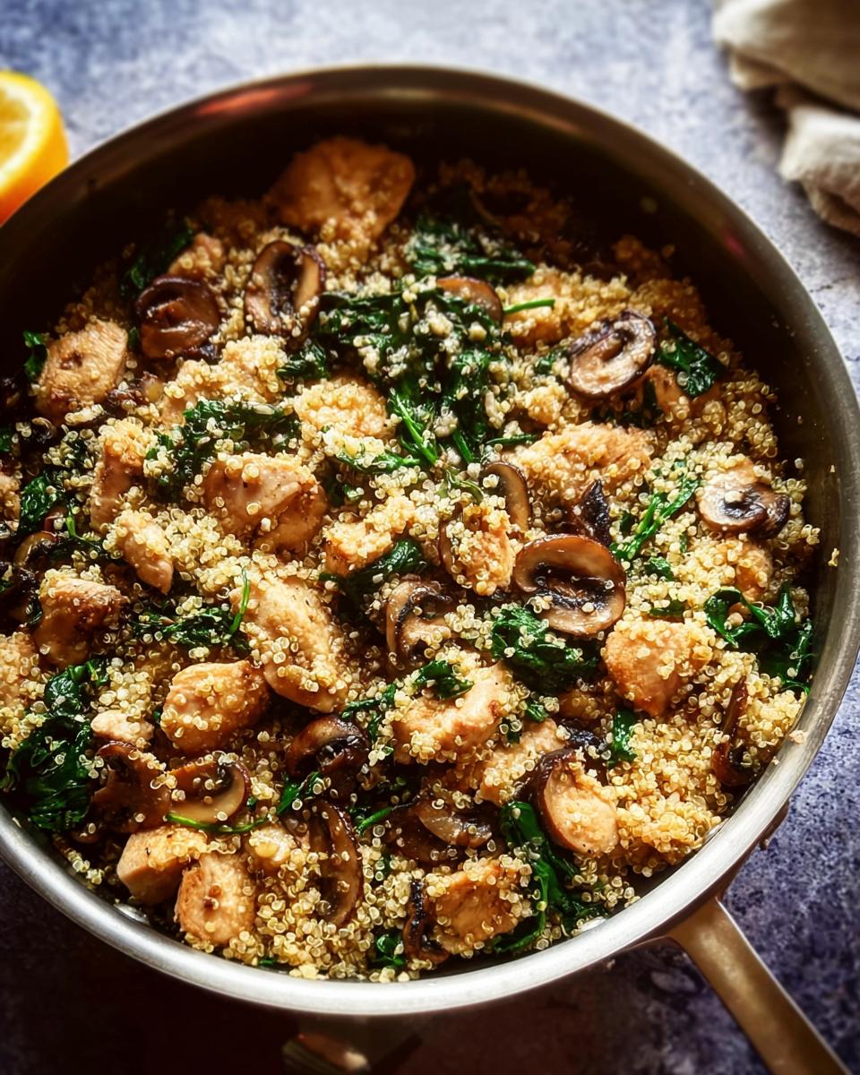 A skillet filled with a healthy chicken and quinoa dish, featuring mushrooms and spinach. Perfect for beginner chicken recipes.