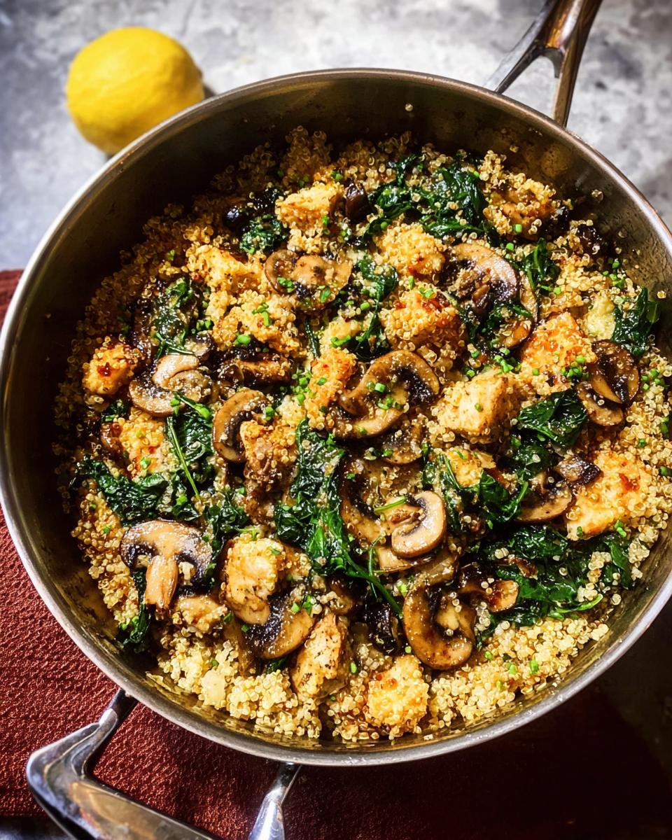 A skillet filled with quinoa, chicken pieces, mushrooms, and spinach, a perfect beginner chicken recipe.
