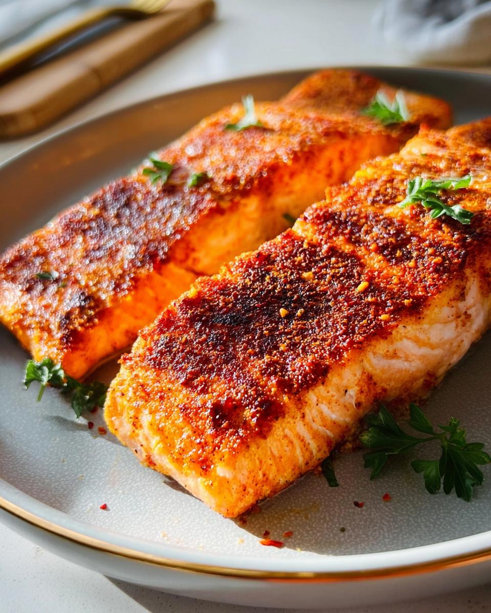 Two seasoned salmon fillets, a beginner-friendly recipe, cooked to perfection and garnished with parsley.