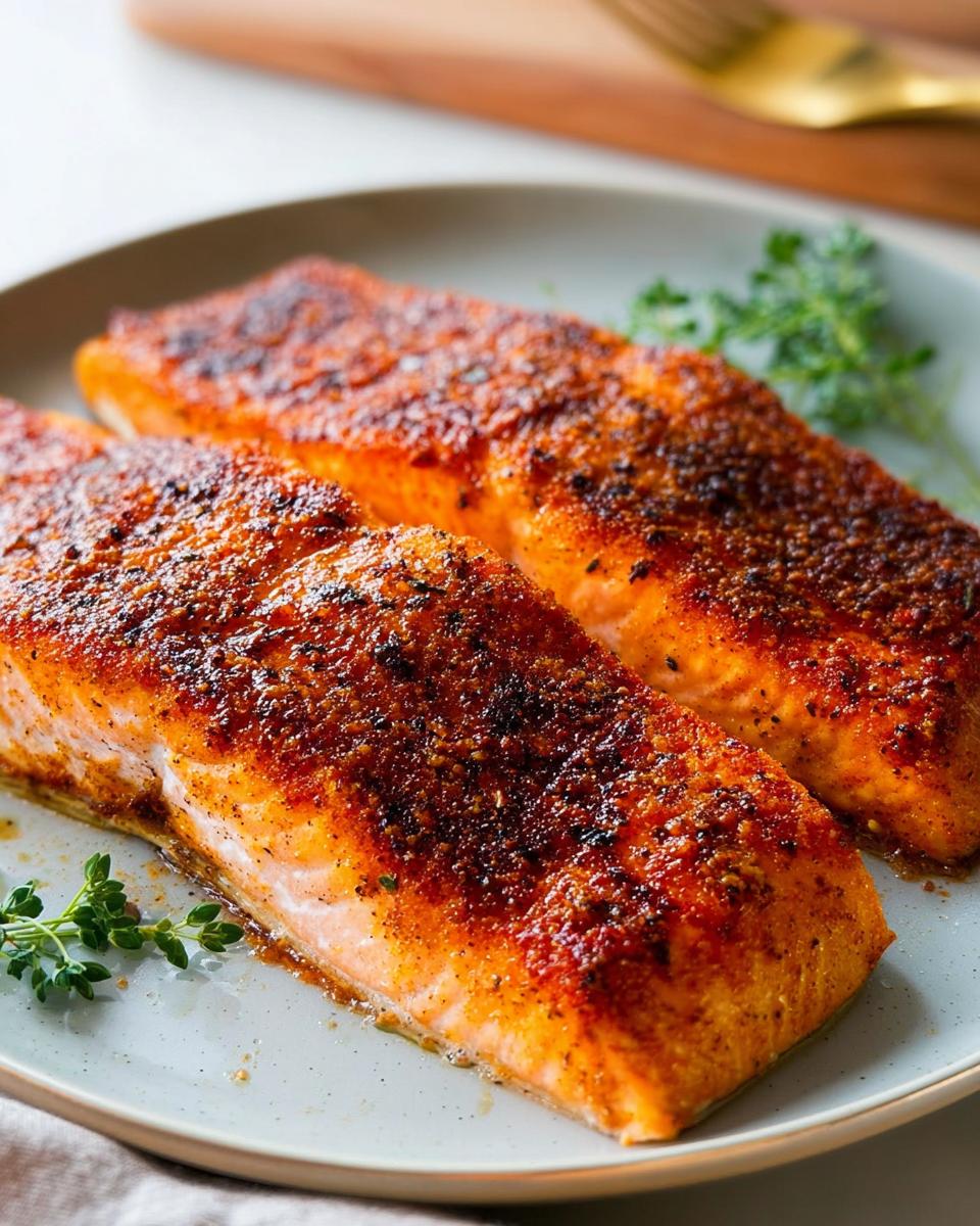 Two seasoned and cooked salmon fillets on a plate, ready to be served as part of a beginner salmon recipe.