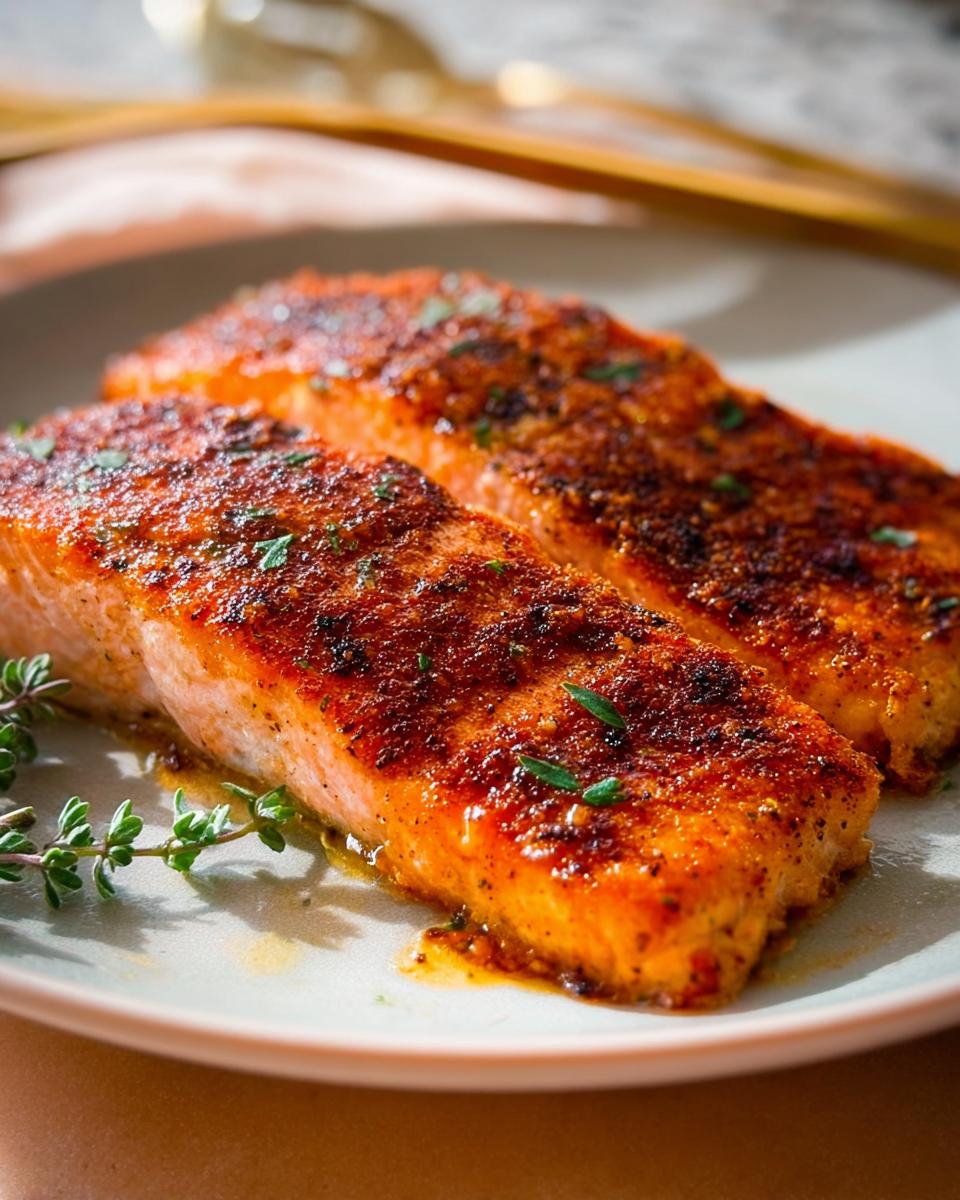 Two perfectly cooked salmon fillets seasoned with spices and herbs, ready to be served as part of a beginner salmon recipe.