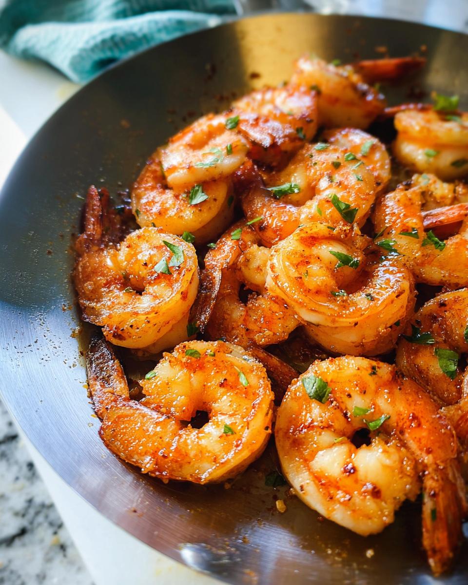 Close-up of perfectly pan-seared shrimp, seasoned and garnished with parsley, a great beginner shrimp recipe.