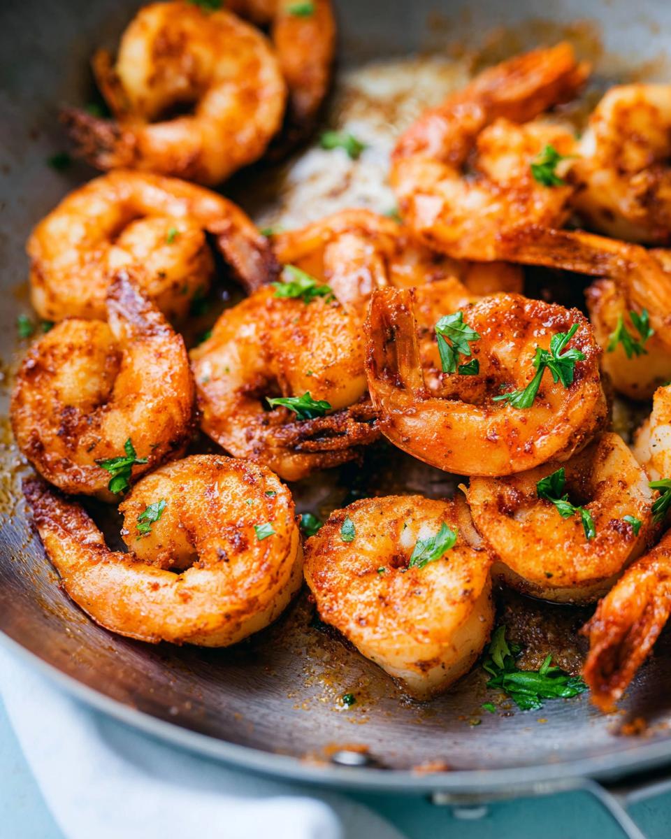 Close-up of perfectly seasoned and pan-seared shrimp, a key recipe from The Ultimate Shrimp Recipes Guide for Beginners.