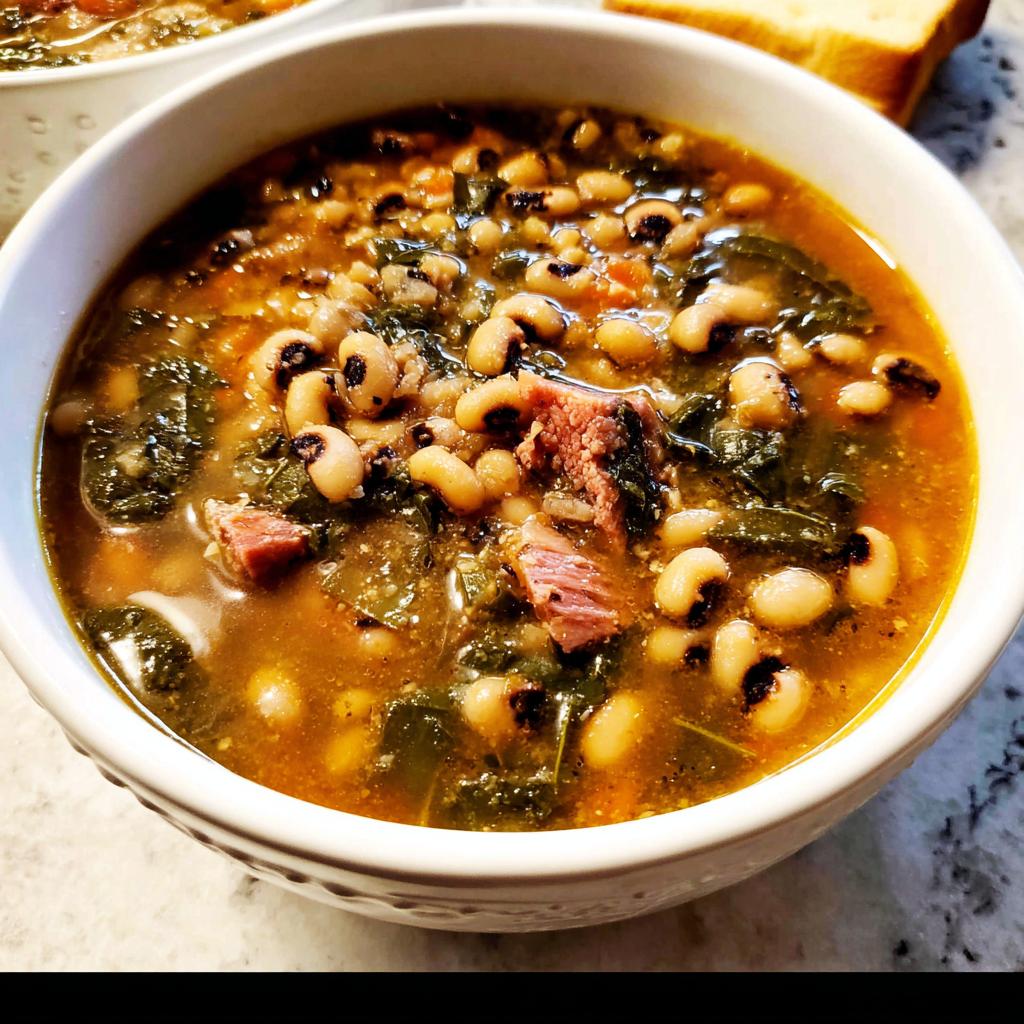 A close-up of a bowl of hearty black-eyed pea soup with greens and ham, perfect for beginner soup recipes.