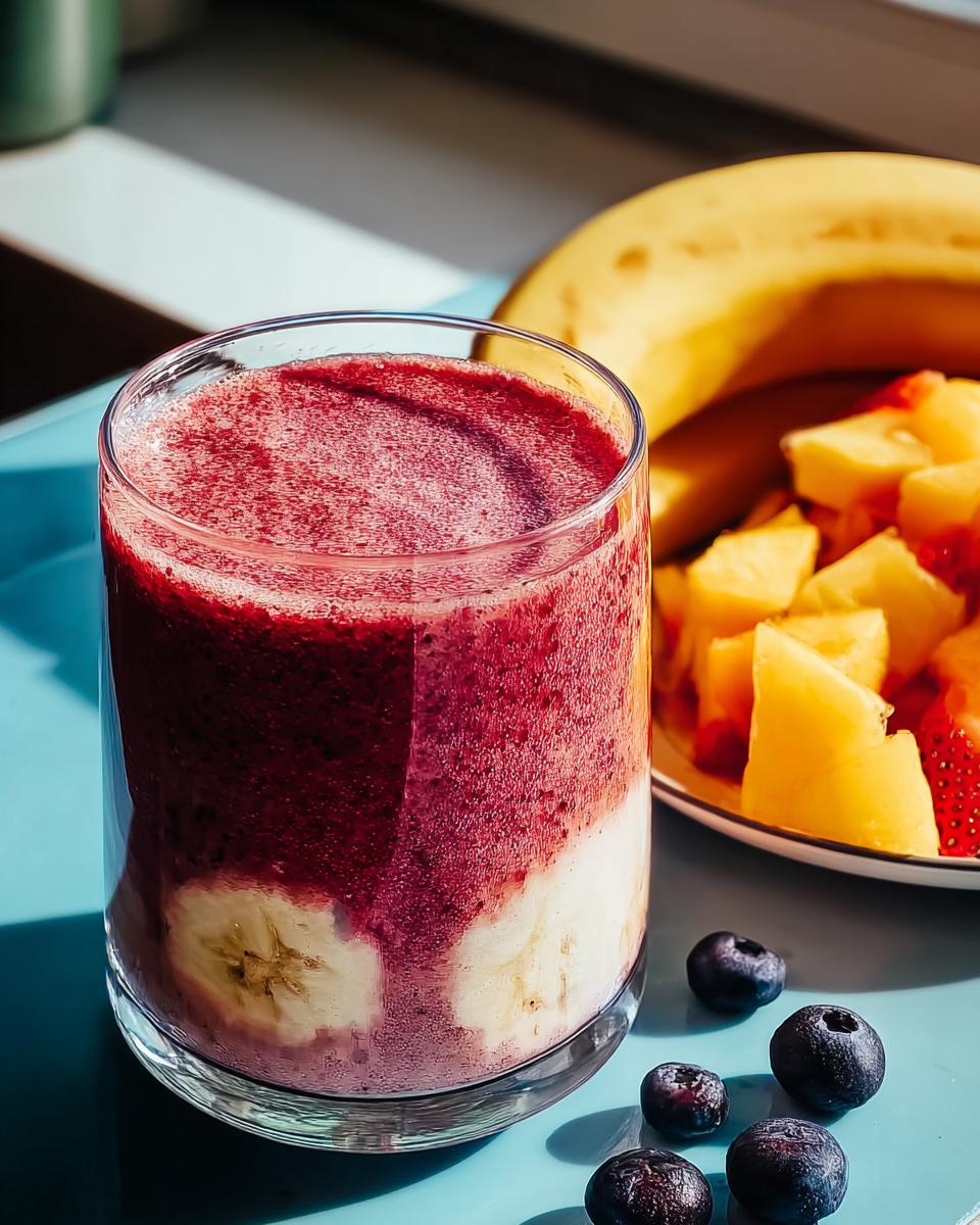 A vibrant berry banana smoothie in a glass, with fresh fruit slices and blueberries on the side, perfect for breakfast ideas recipes.
