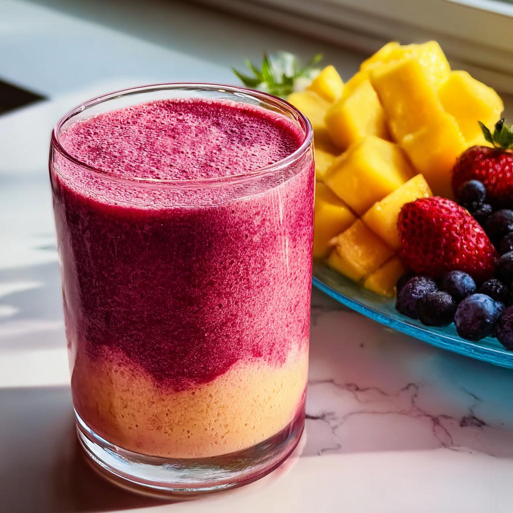 A vibrant layered smoothie with berries on top and mango at the bottom, served with a side of fresh mango, strawberries, and blueberries.