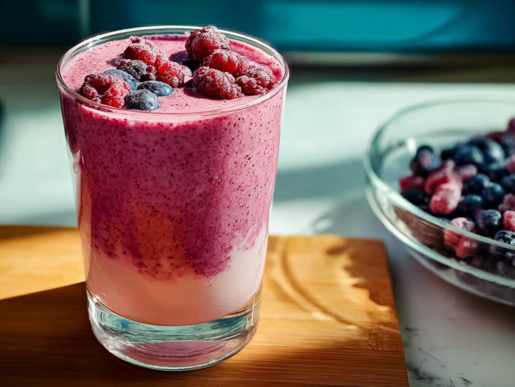 A vibrant berry smoothie in a glass, topped with fresh raspberries and blueberries, perfect for breakfast ideas recipes.