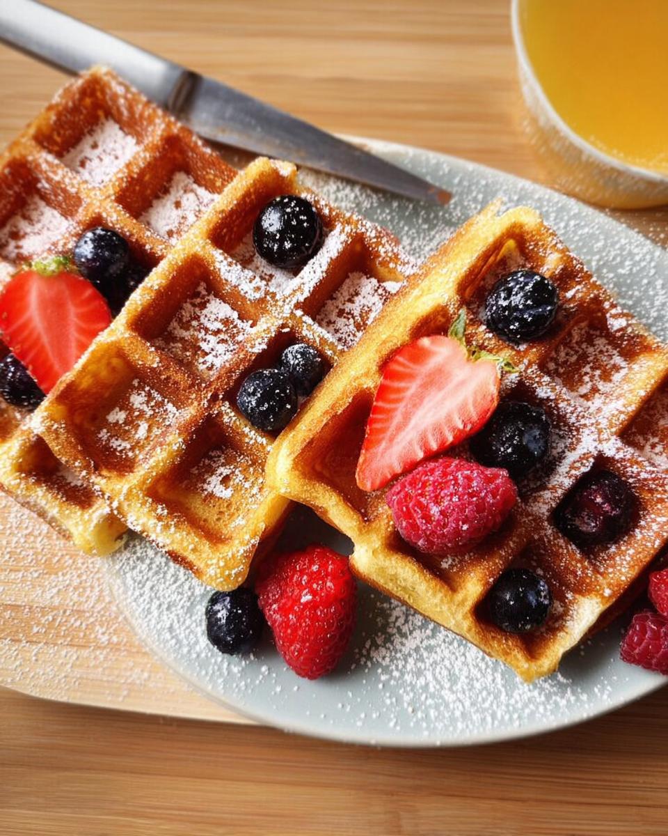 Golden brown waffles topped with fresh strawberries, blueberries, and raspberries, dusted with powdered sugar. A perfect breakfast idea.