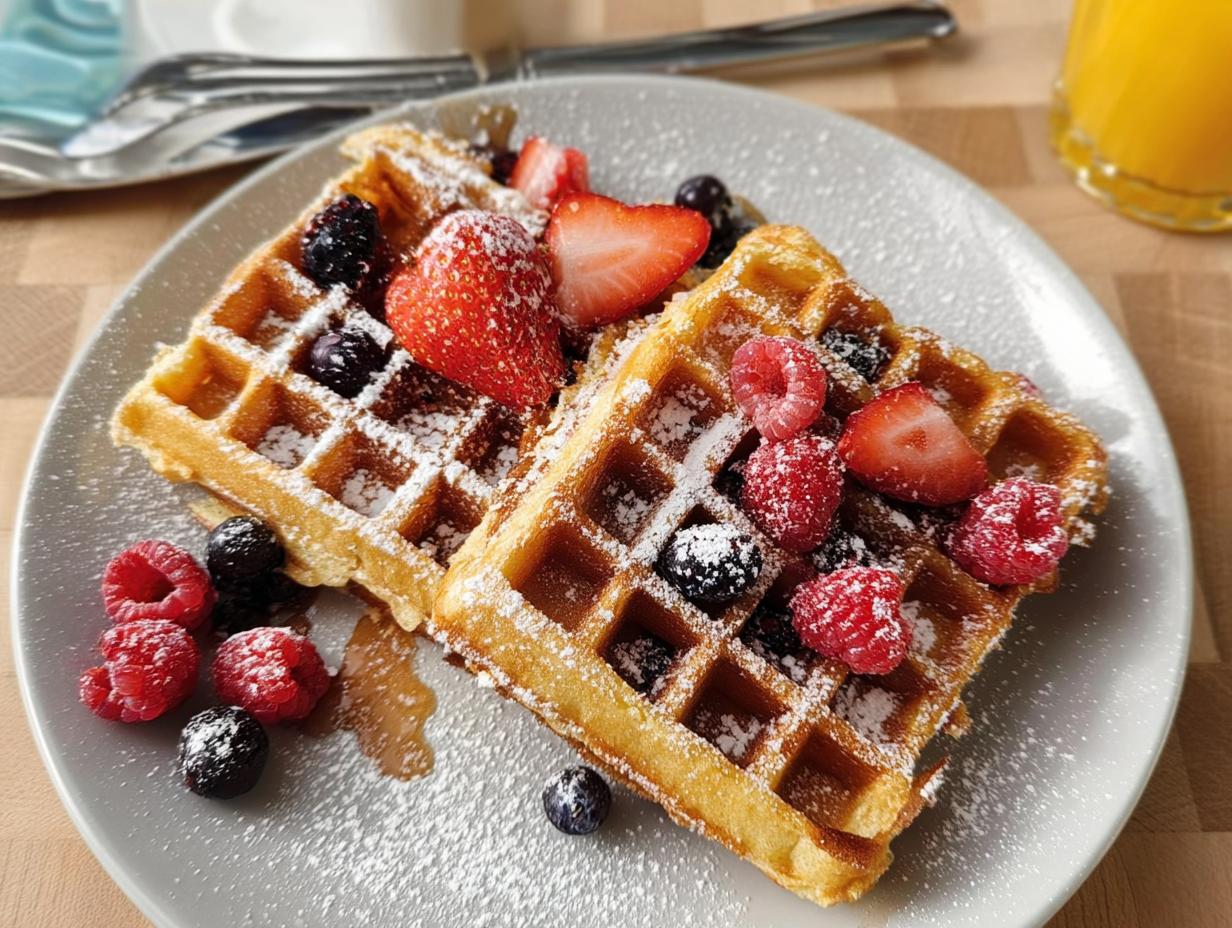 Two golden waffles topped with fresh strawberries, raspberries, blueberries, and powdered sugar, perfect for breakfast ideas recipes.