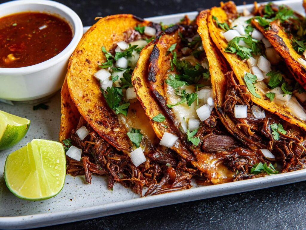 Close-up of three birria tacos with shredded beef, melted cheese, and cilantro, served with lime wedges and consommé for Taco Tuesday.