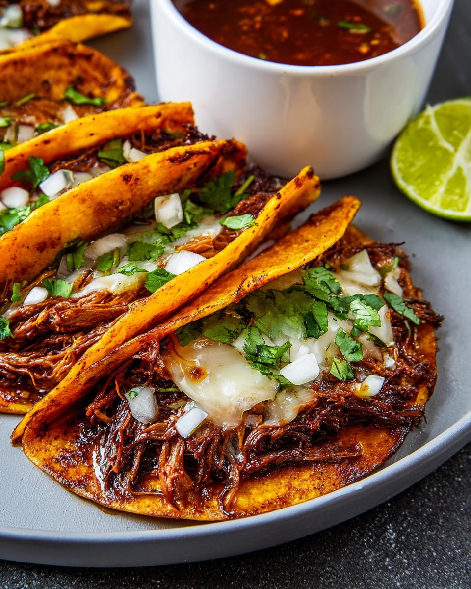 Close-up of three birria tacos with shredded beef, melted cheese, onions, and cilantro, served with consommé for Taco Tuesday.
