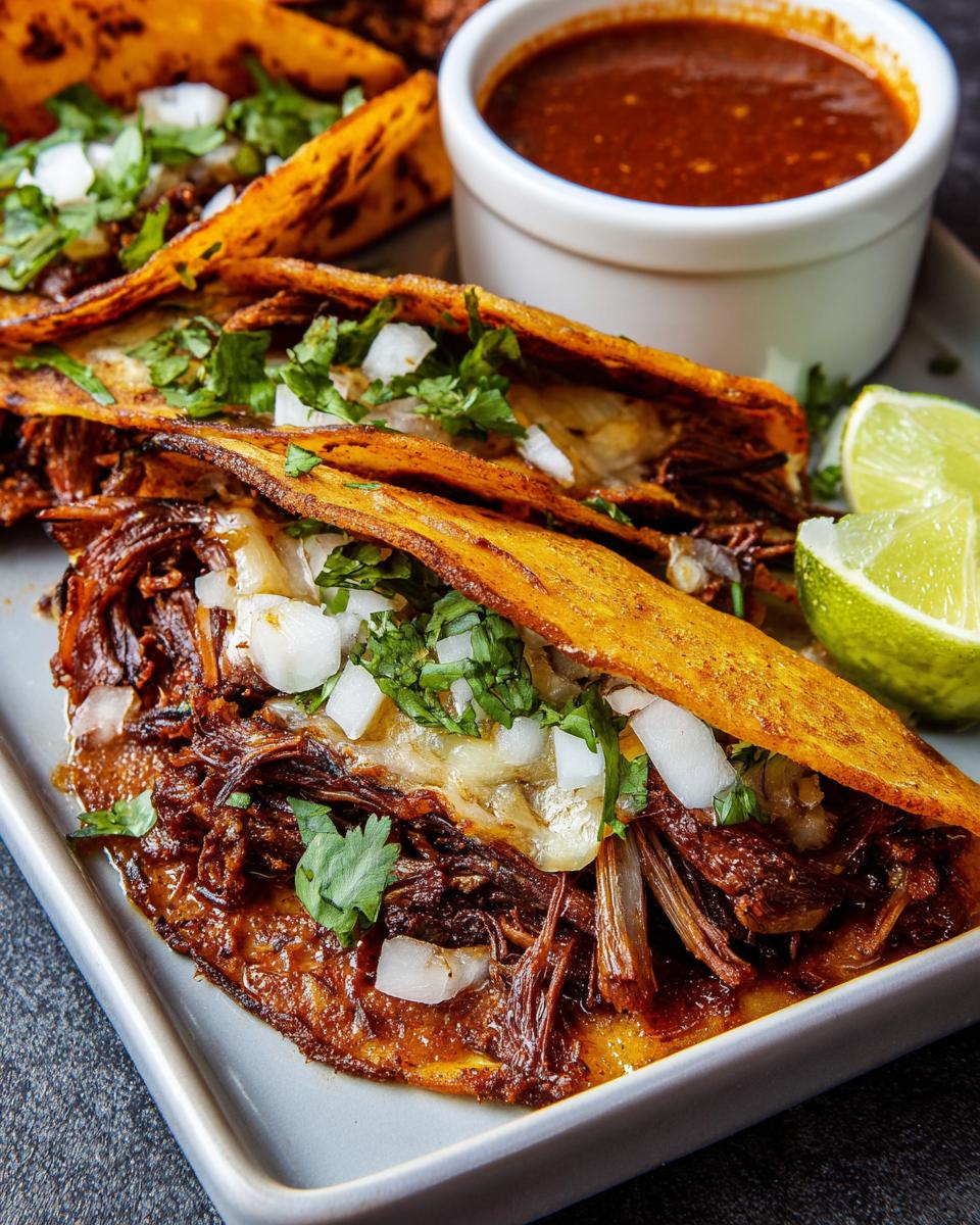 Close-up of three birria tacos filled with shredded beef, cheese, cilantro, and onions, served with a side of consommé and lime wedges.