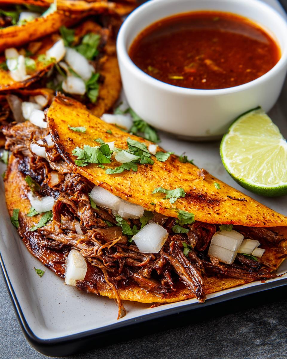 Close-up of a juicy birria taco, filled with shredded beef and topped with onions and cilantro, served with consommé for dipping.